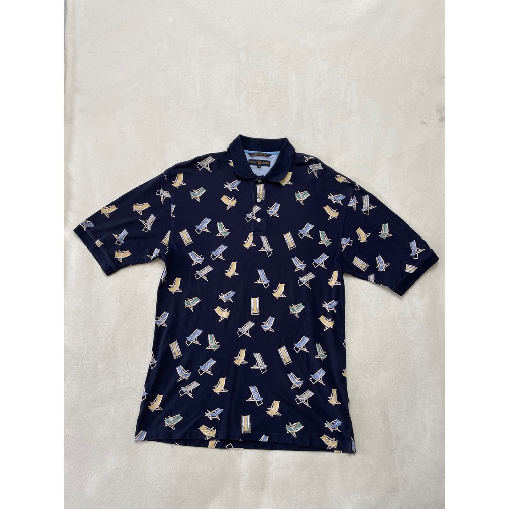 Tommy Hilfiger Golf Mens Navy Blue Beach Chair Print Polo Shirt Large Vintage